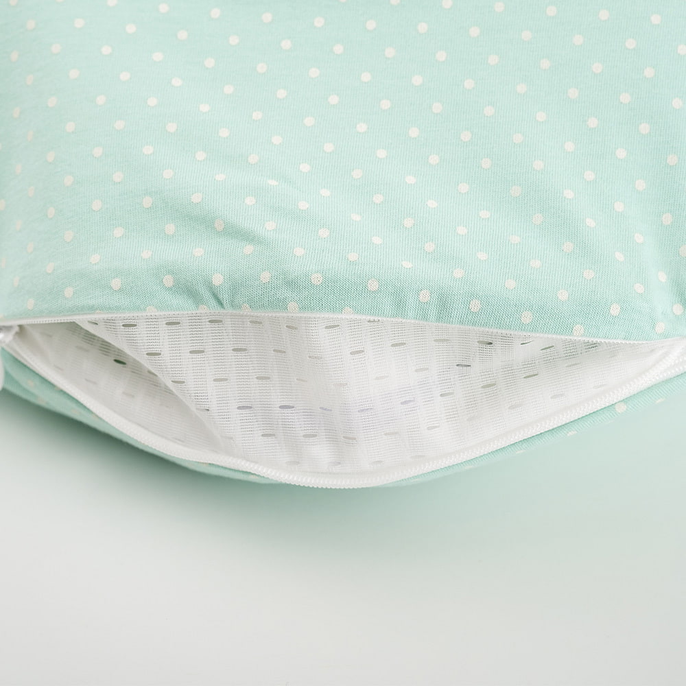 LIEBMICH Schlafsack im Design Pünktchen mint Detailfoto vom Belüftungsschlitz am Fußende