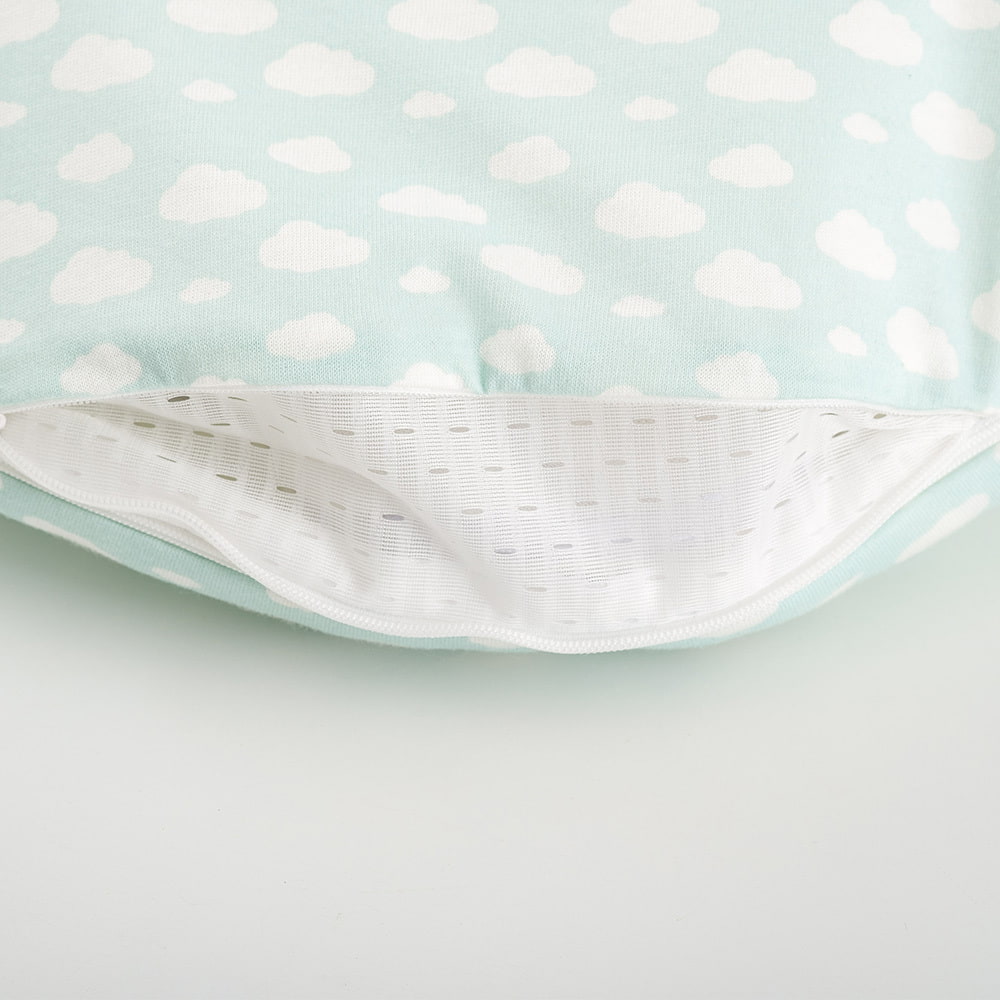 LIEBMICH Schlafsack im Design Wolke mint Detailfoto vom Belüftungsschlitz am Fußende