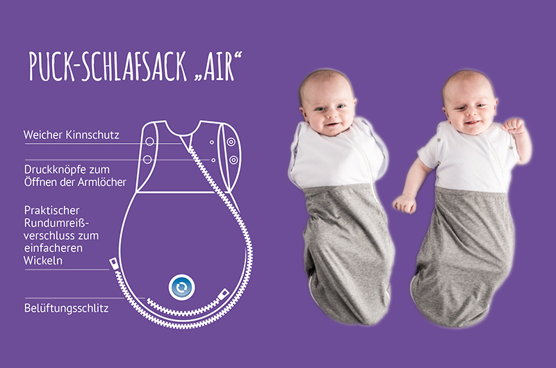 Grafik über die verschiedenen Anwendungsmöglichkeiten des Puck-Schlafsacks Grafik über die verschiedenen Anwendungsmöglichkeiten des Puck-Schlafsacks