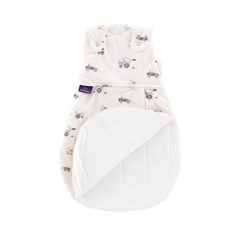 Ganzjahresschlafsack Little Farm blau aufgeklappt