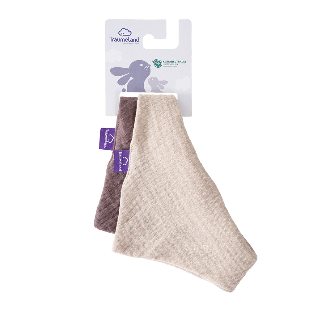 Dreieckstuch aus Musselin beige und schokopflaume verpackt